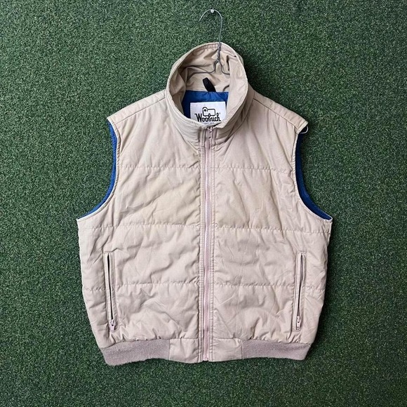 Vintage 80s Woolrich Full Zip Up Insulated Cream and Blue Puffer Vest USA Made - Picture 1 of 7